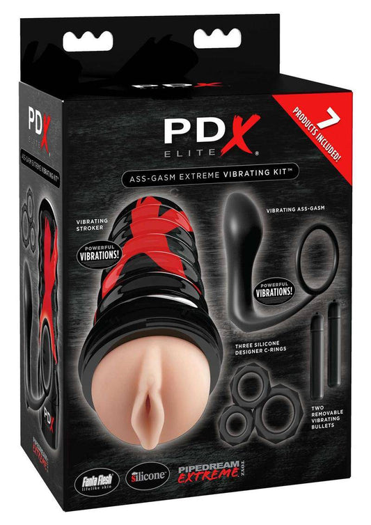 Pipedream Extreme Elite Ass-gasm Vibrating Kit Masturbator with Bullets - Pussy - Vanilla/Black