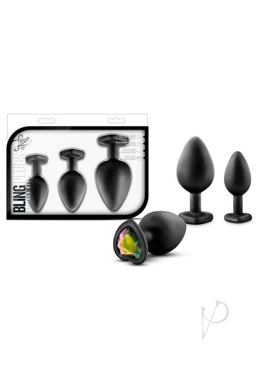 Luxe Bling Butt Plugs Silicone Training Kit with Rainbow Gems (3 size kit) - Black