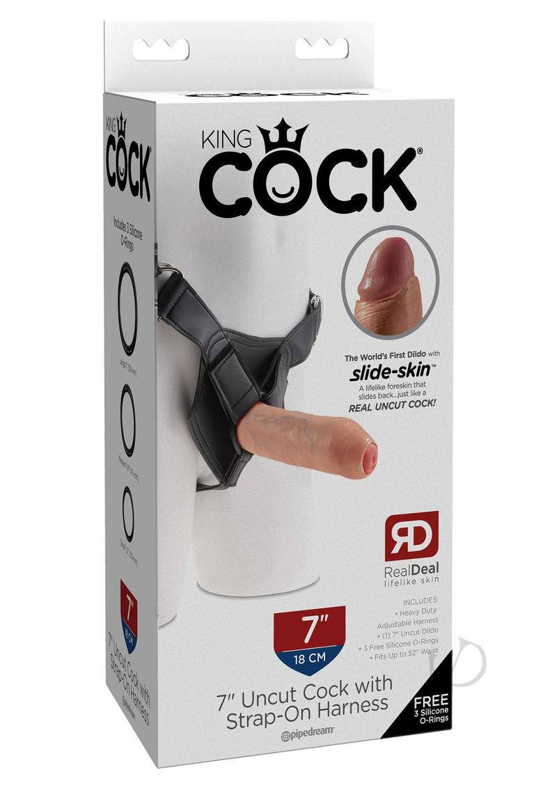 King Cock Uncut Cock Dildo with Strap On Harness 7in - Flesh