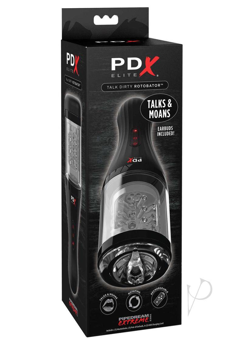 Pipedream Extreme Elite Rechargeable Talk Dirty Rotobator Masturbator - Pussy - Clear/Black