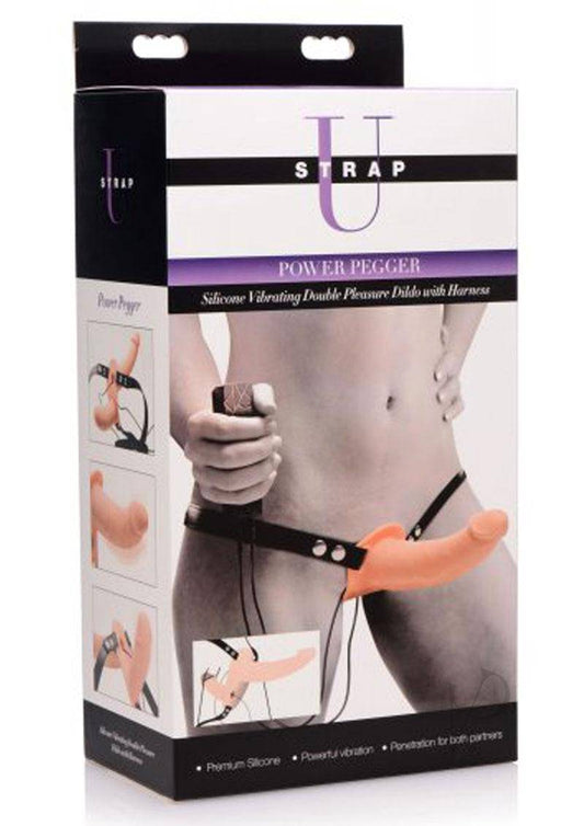 Strap U Power Pegger Silicone Vibrating Double Pleasure 6.5in Dildo with Harness - Vanilla