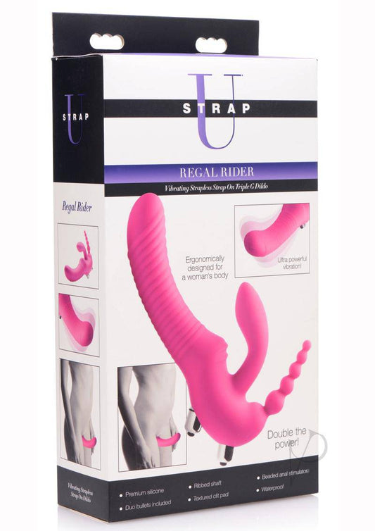 Strap U Regal Rider Vibrating Silicone Strapless Strap On Triple G 6in Dildo - Purple