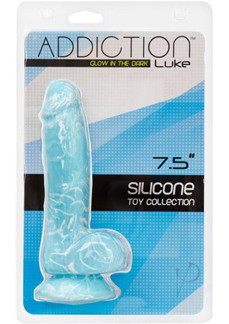 Addiction Toy Collection Luke Silicone Glow-In-The-Dark Dildo with Balls 7.5in - Blue