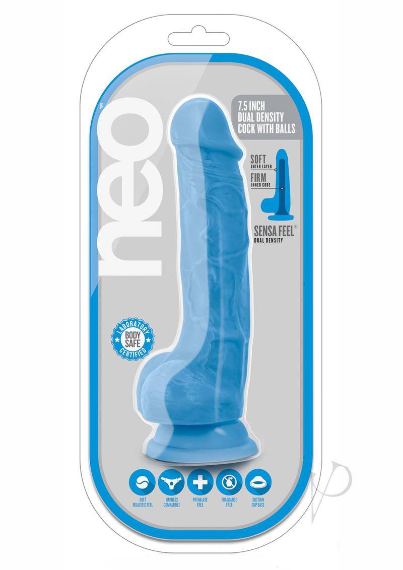 Neo Dual Density Cock with Balls 7.5in - Neon Blue