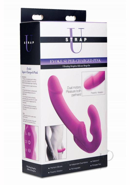 Strap U Evoke Super Charged Rechargeable Silicone Vibrating Strapless Strap On - Pink