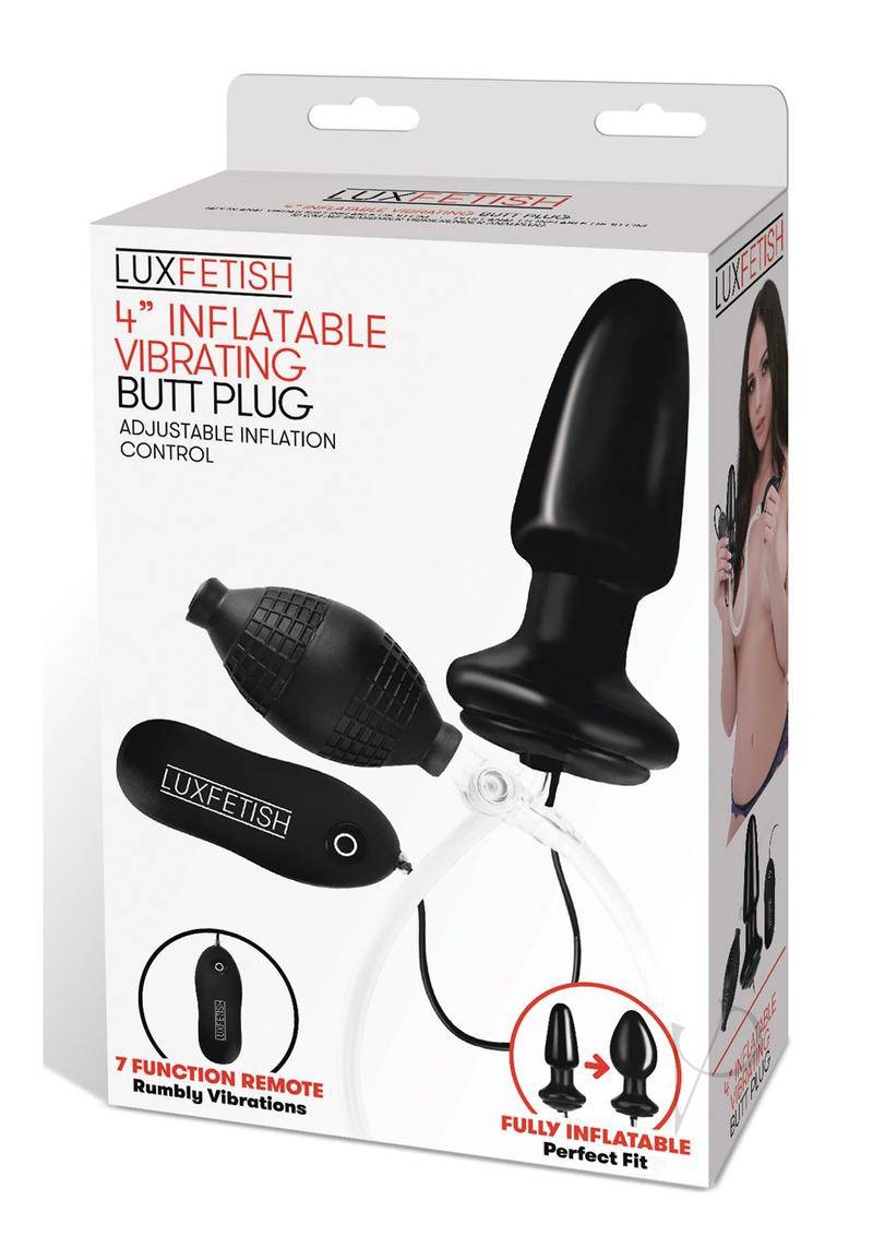 Lux Fetish Latex Inflatable Vibrating Butt Plug with Wired Remote Control 4in - Black