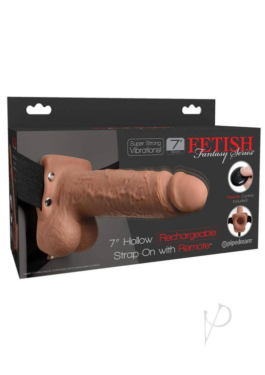 Fetish Fantasy Series Hollow Rechargeable Strap-On Dildo with Balls and Harness with Remote Control 7in - Caramel