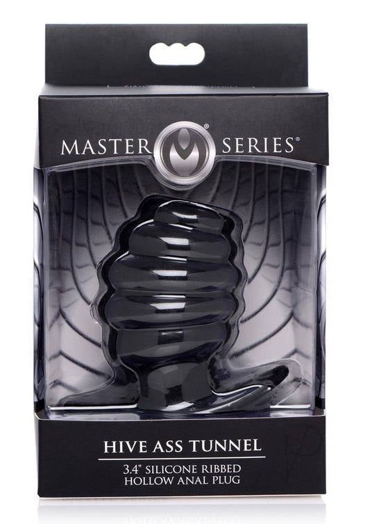 Master Series Silicone Ribbed Hollow Anal Plug - Medium - Black