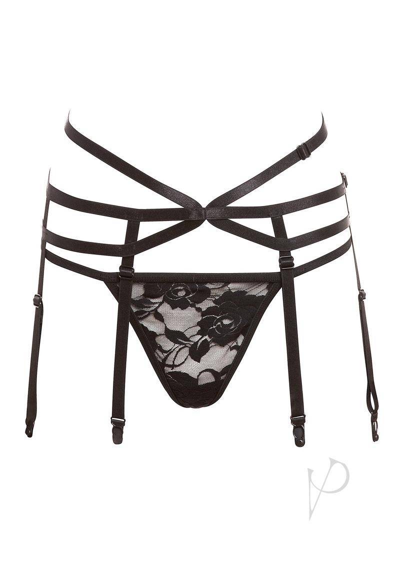 Barely B Strappy Garter and Panty Black - Chambre Rouge