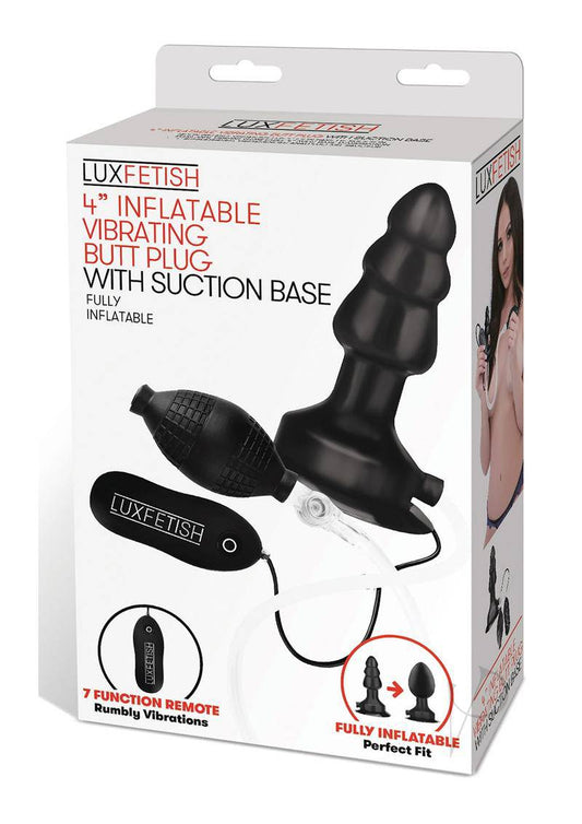 Lux Fetish Inflatable Vibrating Butt Plug with Suction Base and Remote Control 4in - Black