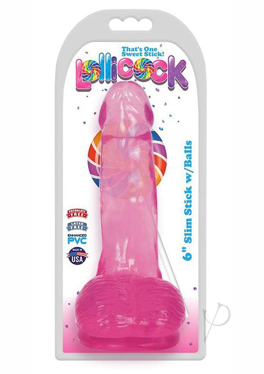 Lollipop Slim Stick Dildo with Balls 6in - Cherry Ice