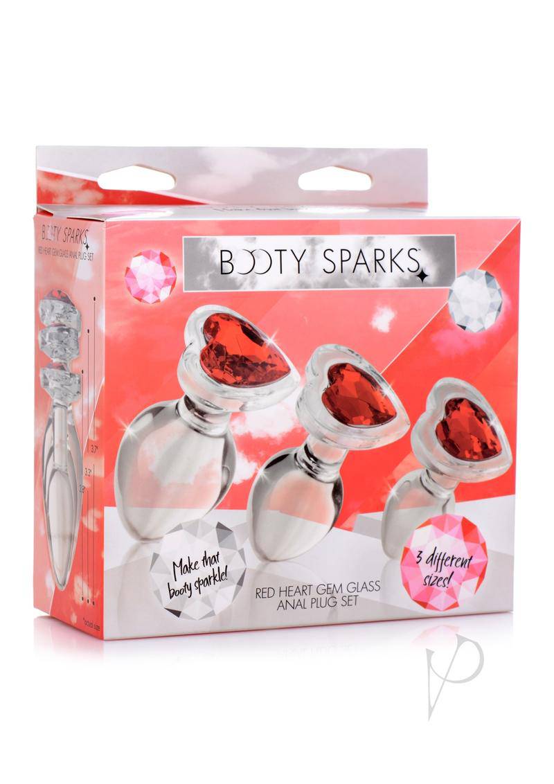 Booty Sparks Red Heart Gem Glass Plug Set 3pc - S/M/L - Red/Clear