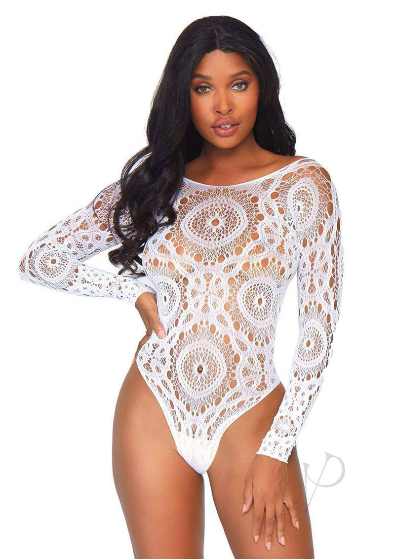 Leg Avenue Crochet Lace Long Sleeved Snap Crotch Thong Back Bodysuit - Small/Medum - White