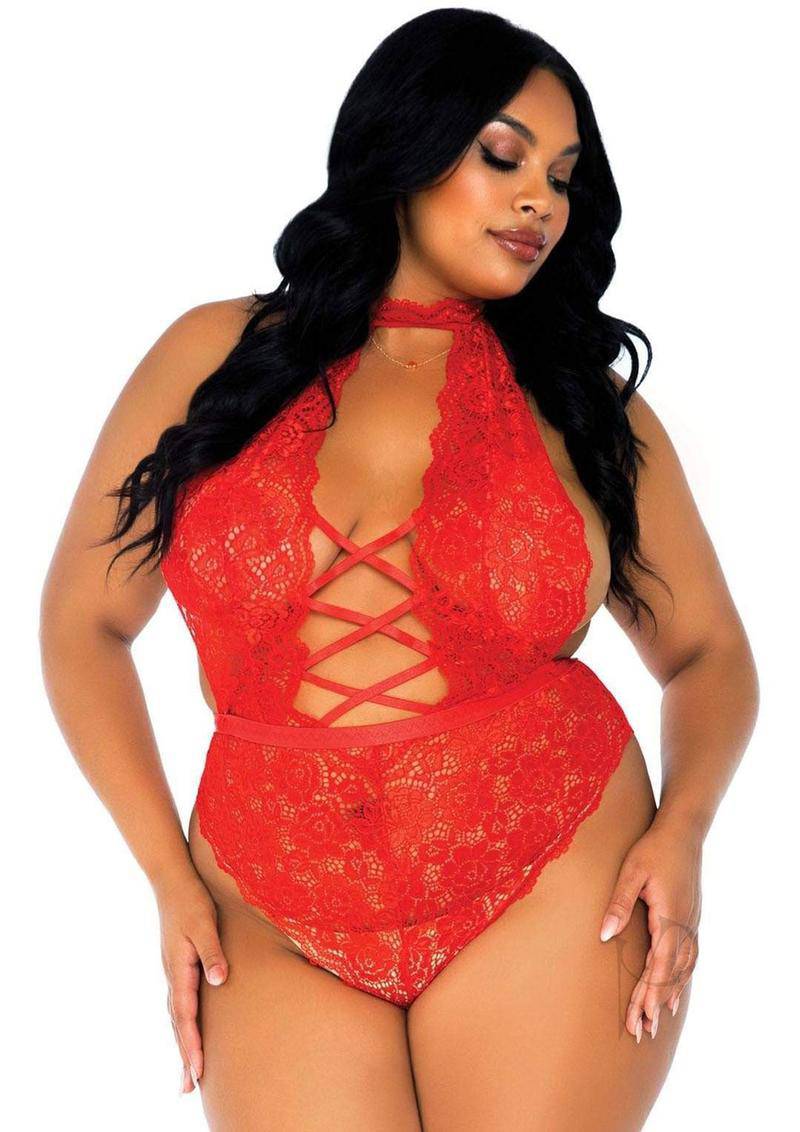 Leg Avenue High Neck Floral Lace Backless Teddy with Lace Up Accents and Crotchless Thong Panty - 1X-2X - Red