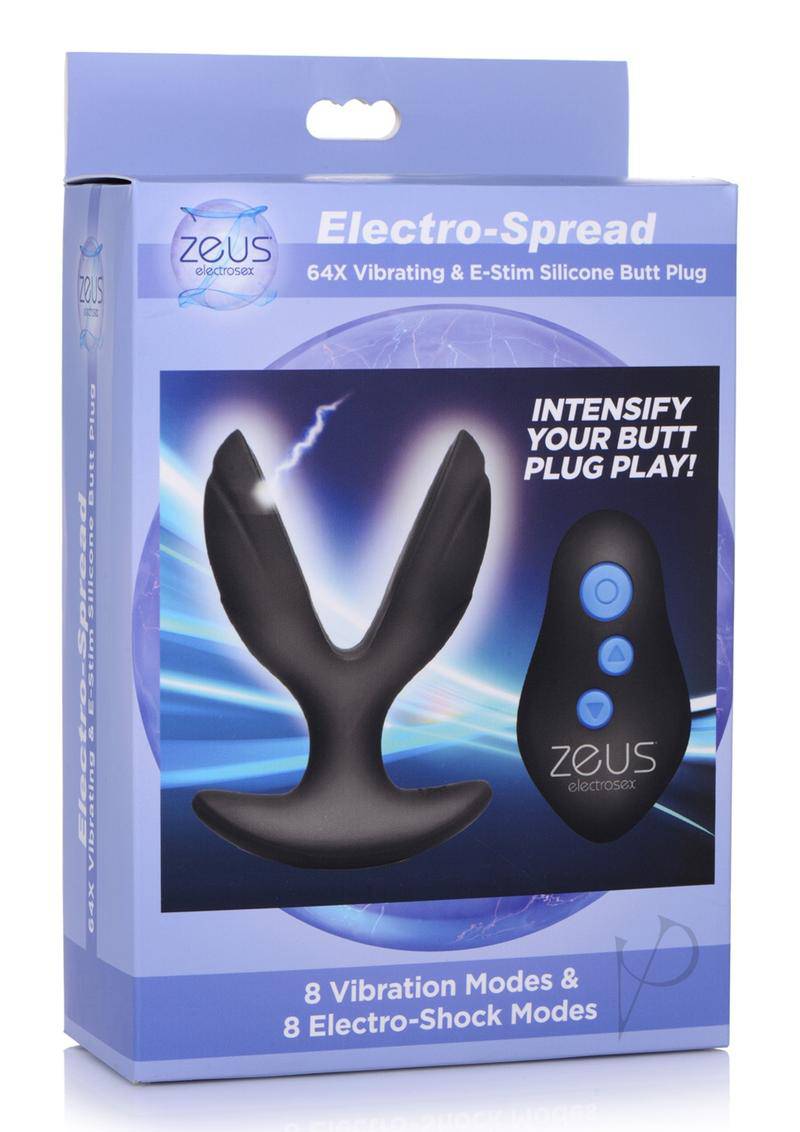 Zeus Electro-Spread 64X Vibrating and E-Stim Silicone Rechargeable Butt Plug with Remote Control - Black