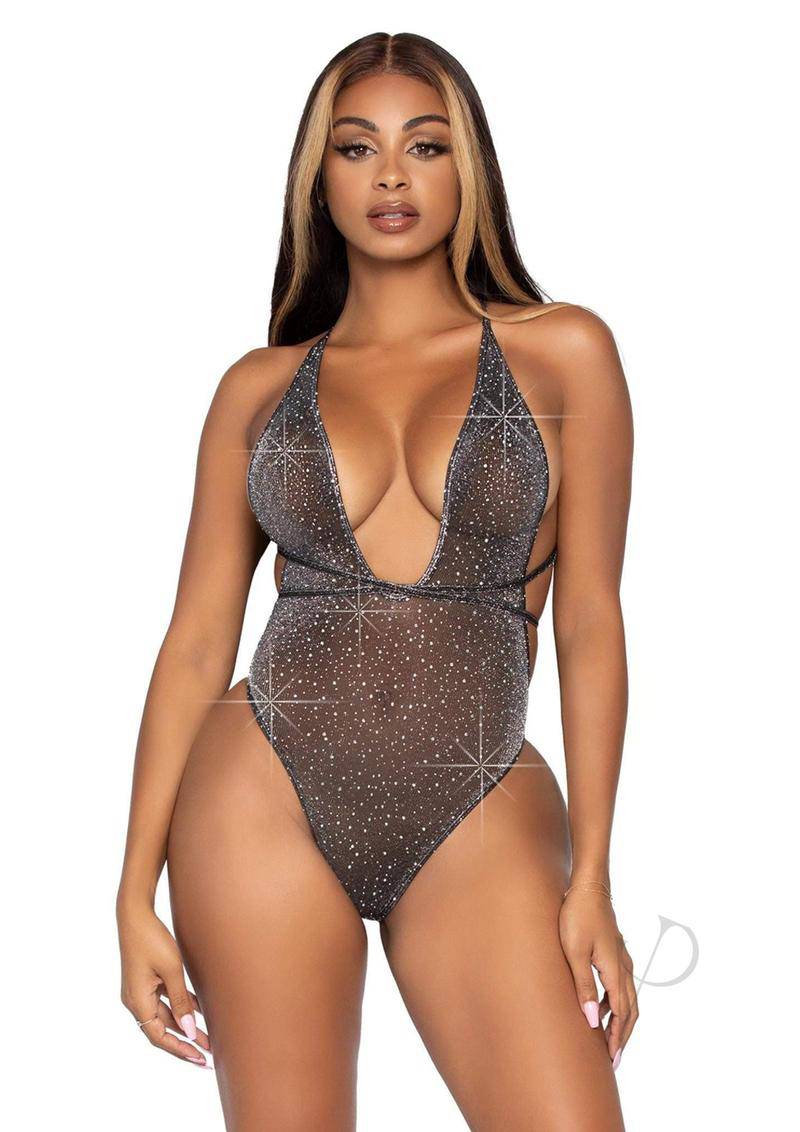 Leg Avenue Shimmer Sheer Lurex Rhinestone Bodysuit with Thong Back and Convertible Wrap-Around Straps - O/S - Black/Silver