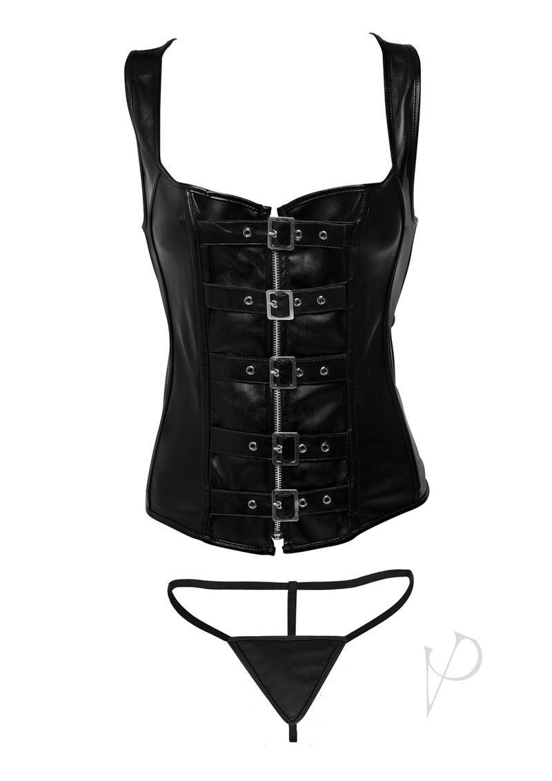 Strict Lace Corset Vest/thong Xl Black - Chambre Rouge