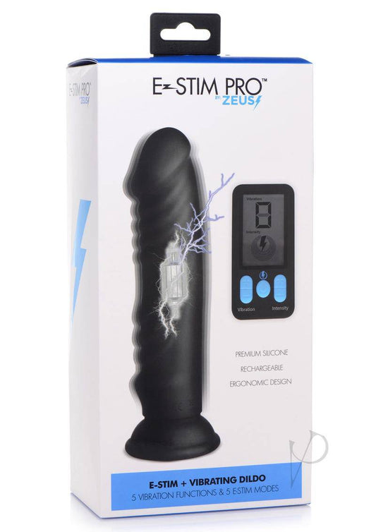 Zeus Vibrating and E-Stim Rechargeable Silicone Dildo with Remote Control 7.9in - Black