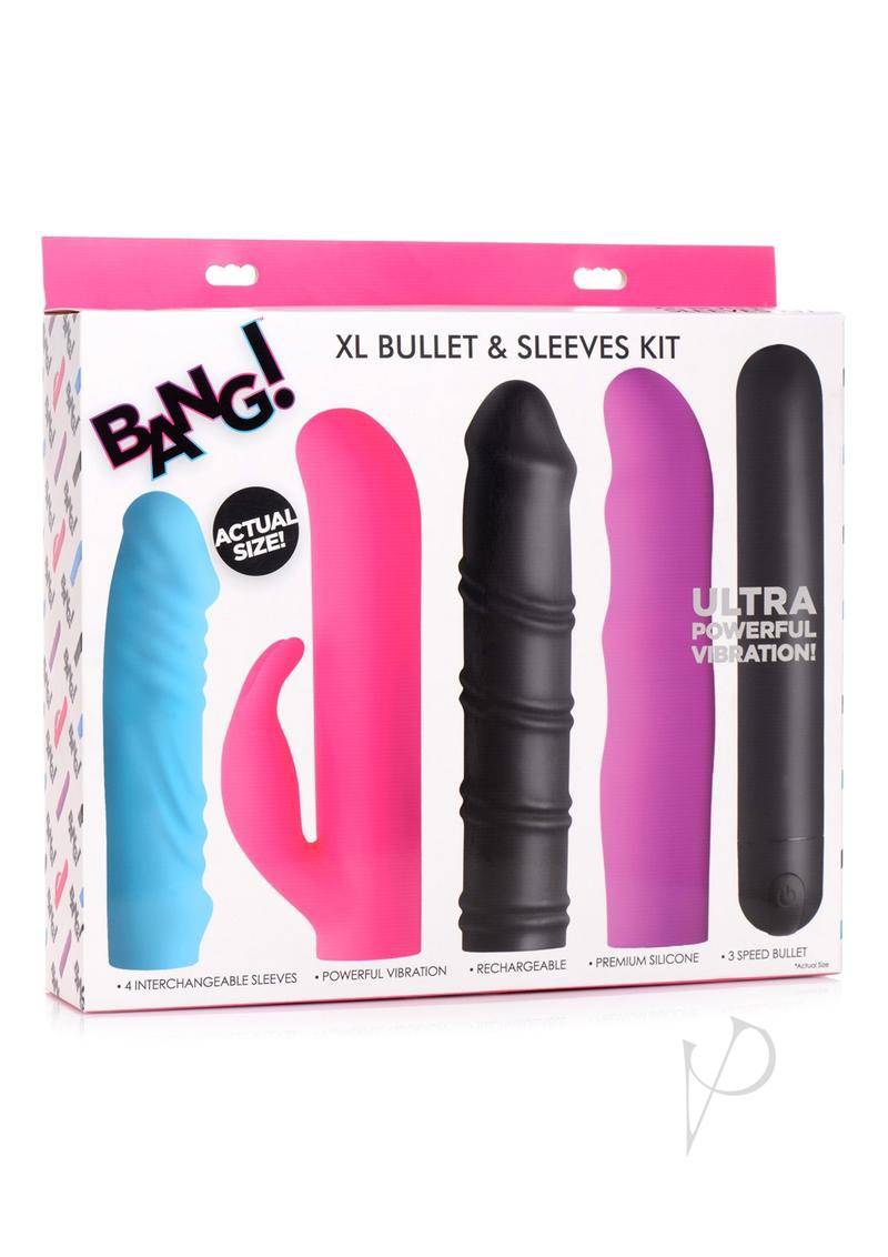 Bang! 4-In-1 XL Silicone Rechargeable Bullet Vibrator andamp; Sleeve Kit - Multi Color