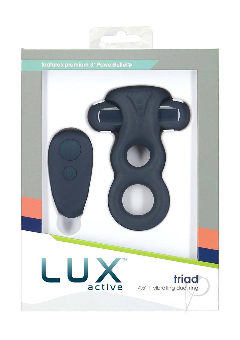 LUX Active Triad Silicone Rechargeable Vibrating Dual Cock Ring with Remote Control - Navy