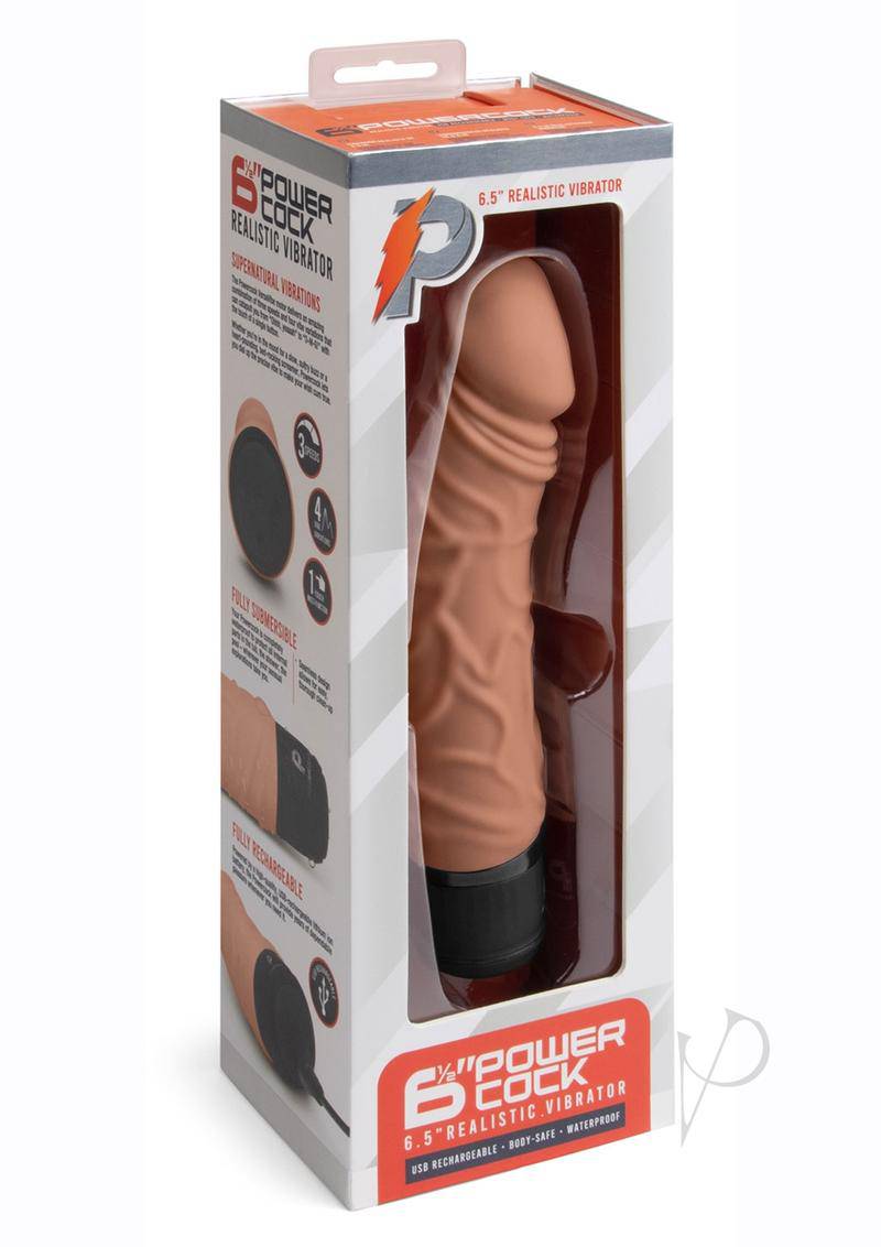 Powercocks Silicone Rechargeable Realistic Vibrator 6.5in - Mocha