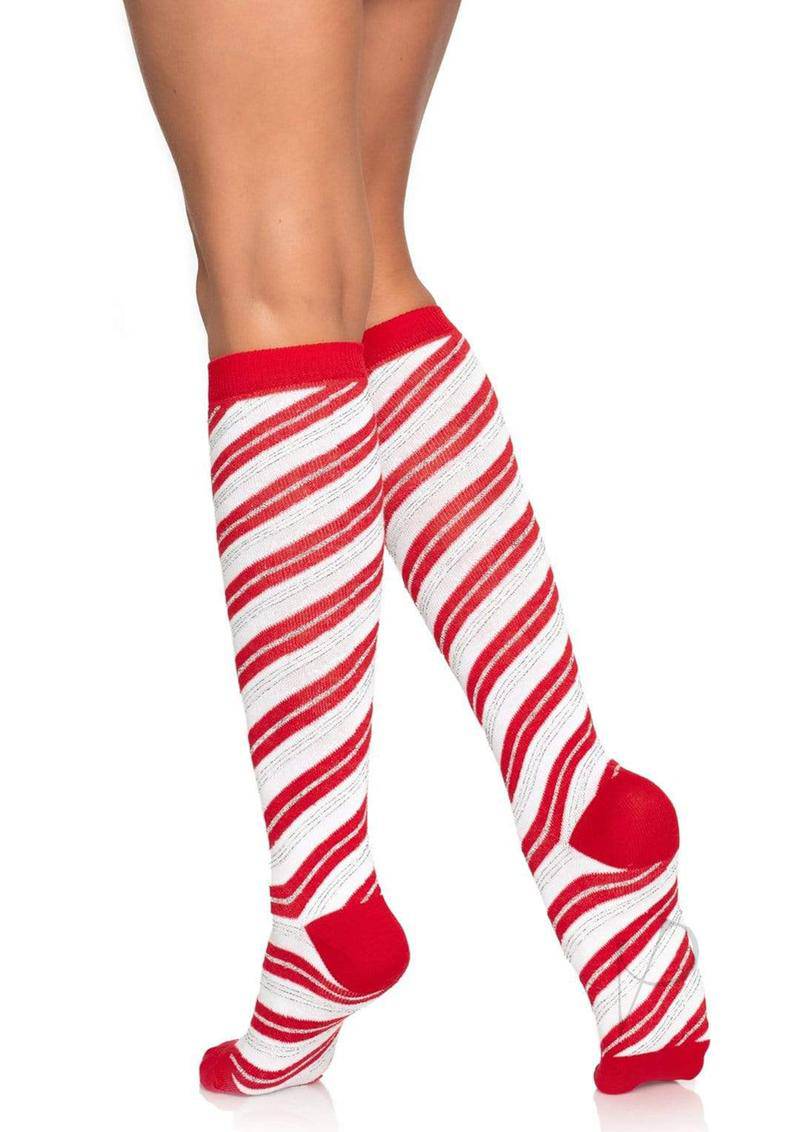 Candy Cane Lurex Knee High Os Red/wht - Chambre Rouge