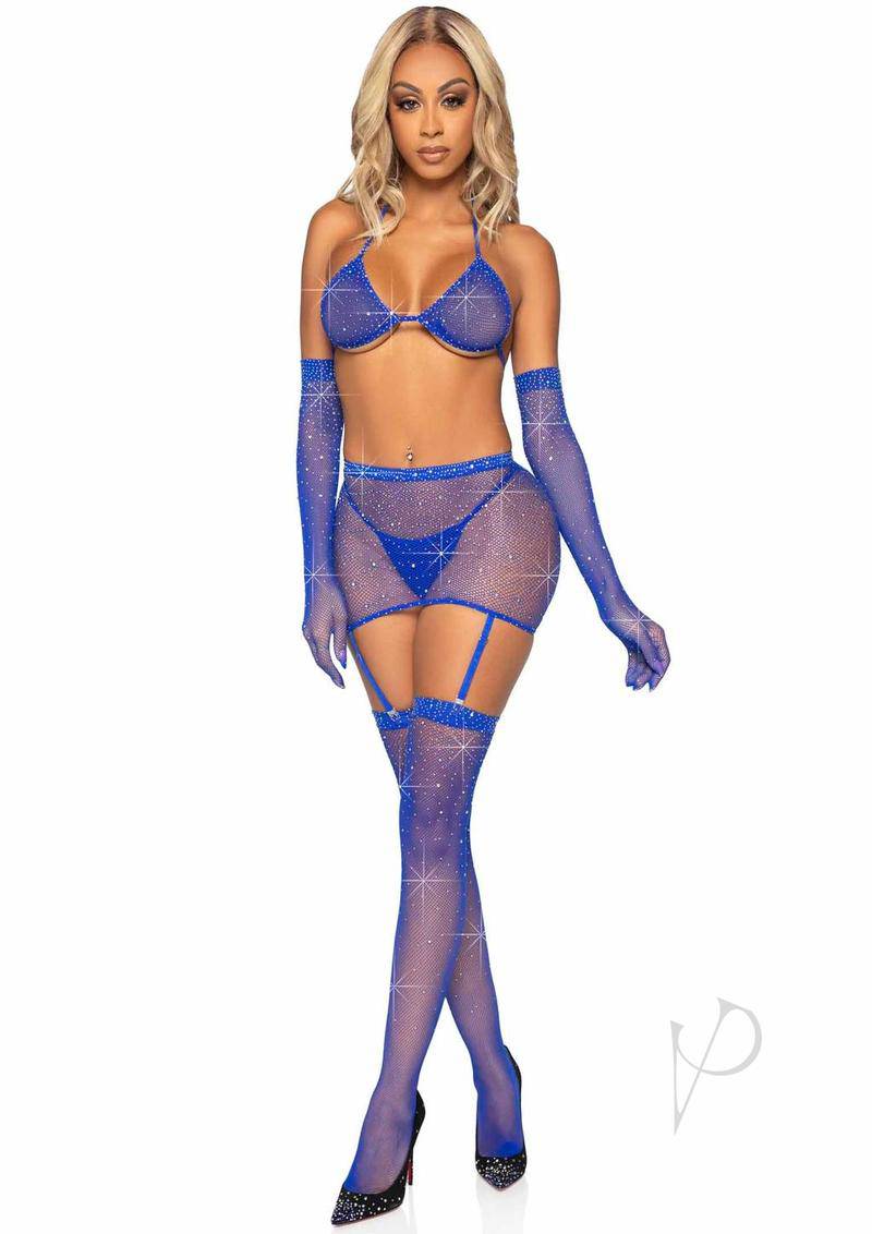 Leg Avenue Rhinestone Fishnet Garter Skirt Set with Bikini Top, G-String, Gloves and Matching Stockings (5 piece) - O/S - Blue