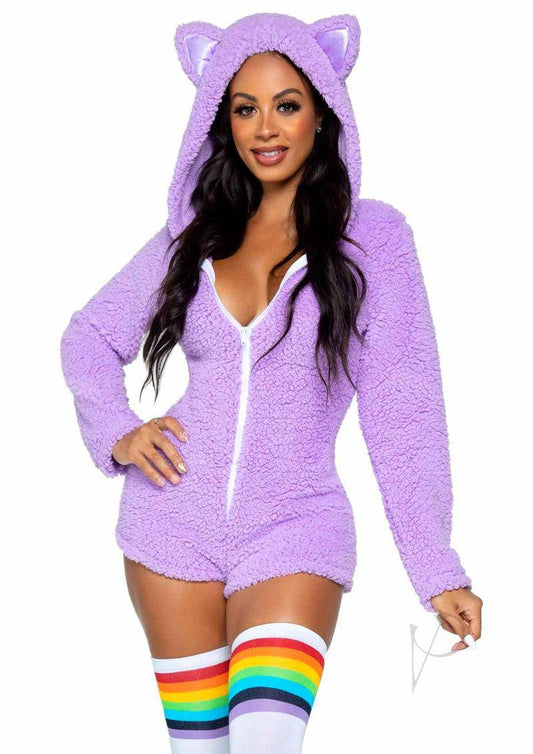 Leg Avenue Cuddle Kitty Ultra Soft Zip Up Romper with Cat Ear Hood and Tail - Large - Lavender