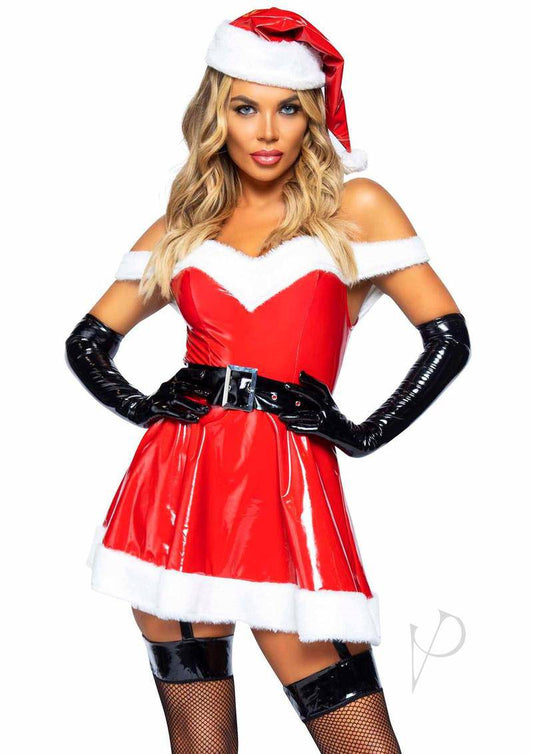 Leg Avenue Naughty Santa Off The Shoulder Vinyl Dress with Tie Back Halter Straps, Belt and Santa Hat (3 pieces) - Small - Red/White