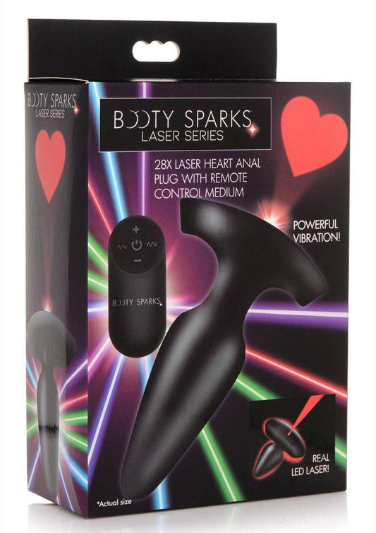 Booty Sparks Laser Heart Rechargeable Silicone Anal Plug with Remote Control - Medium - Black with Red Lights