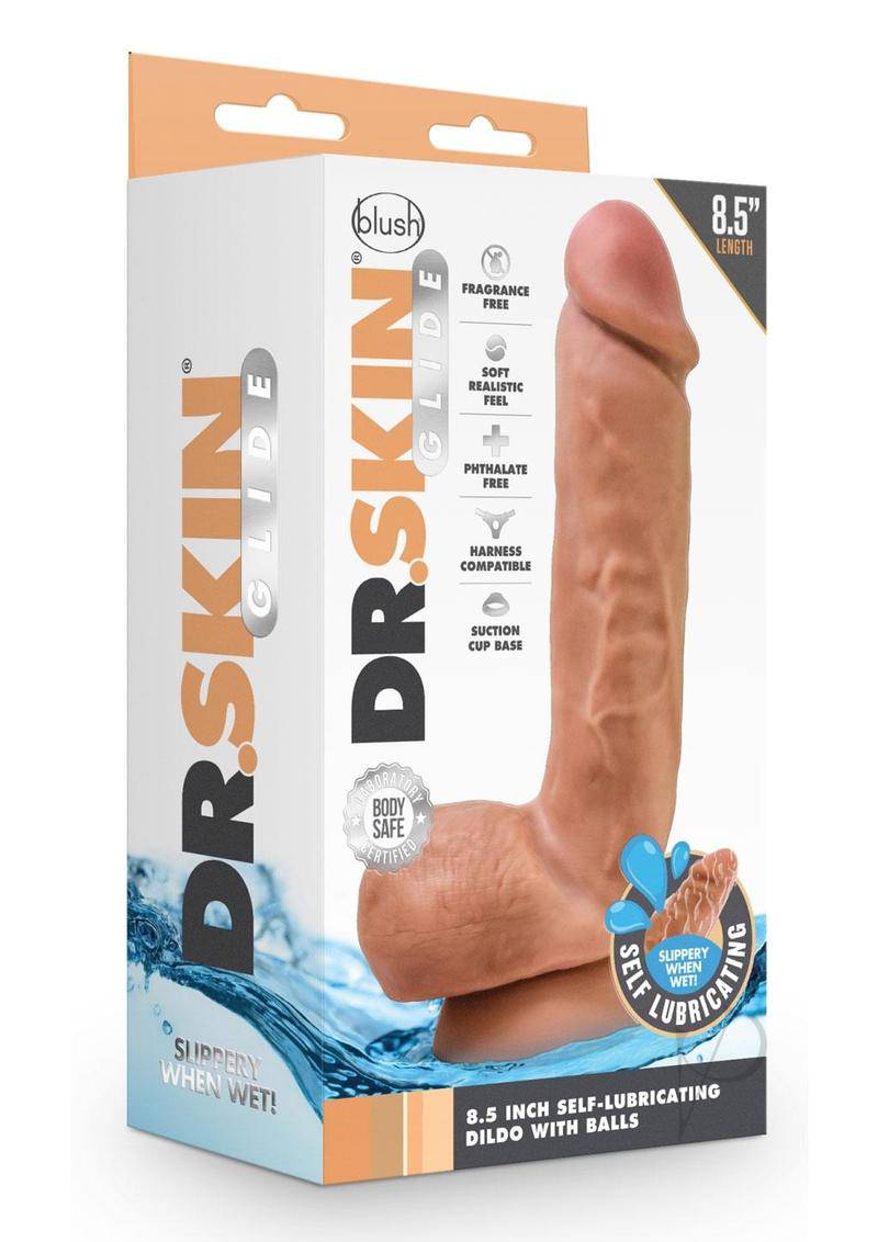 Dr. Skin Glide Self Lubricating Dildo with Balls 8.5in - Caramel