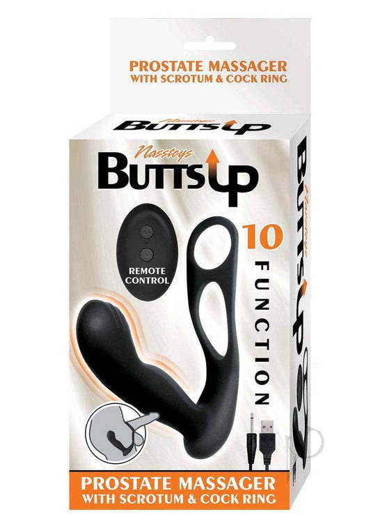 Butts Up Rechargeable Silicone Prostate Massager with Scrotum andamp; Cock Ring - Black