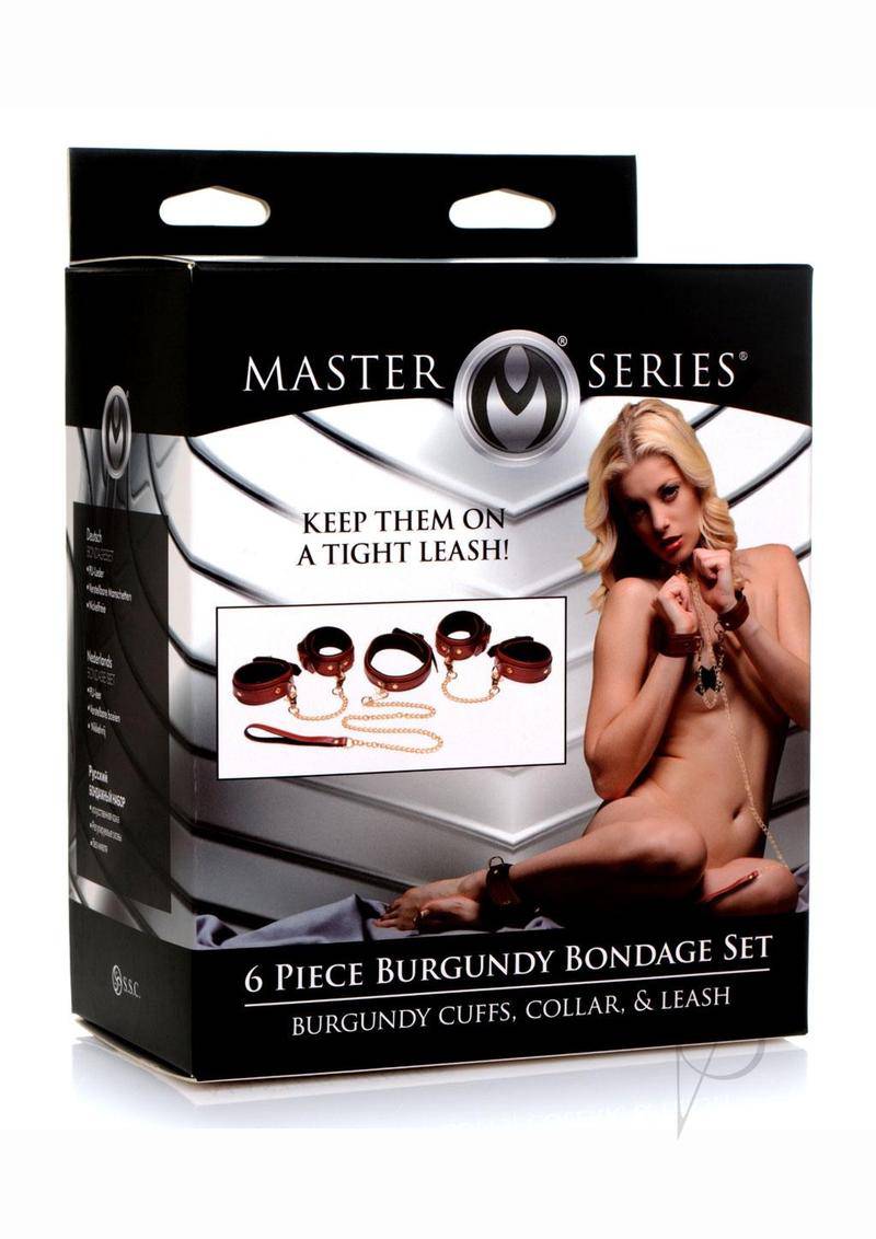 Master Series Bondage Set Cuffs, Collar, andamp; Leash (6 piece) - Burgundy