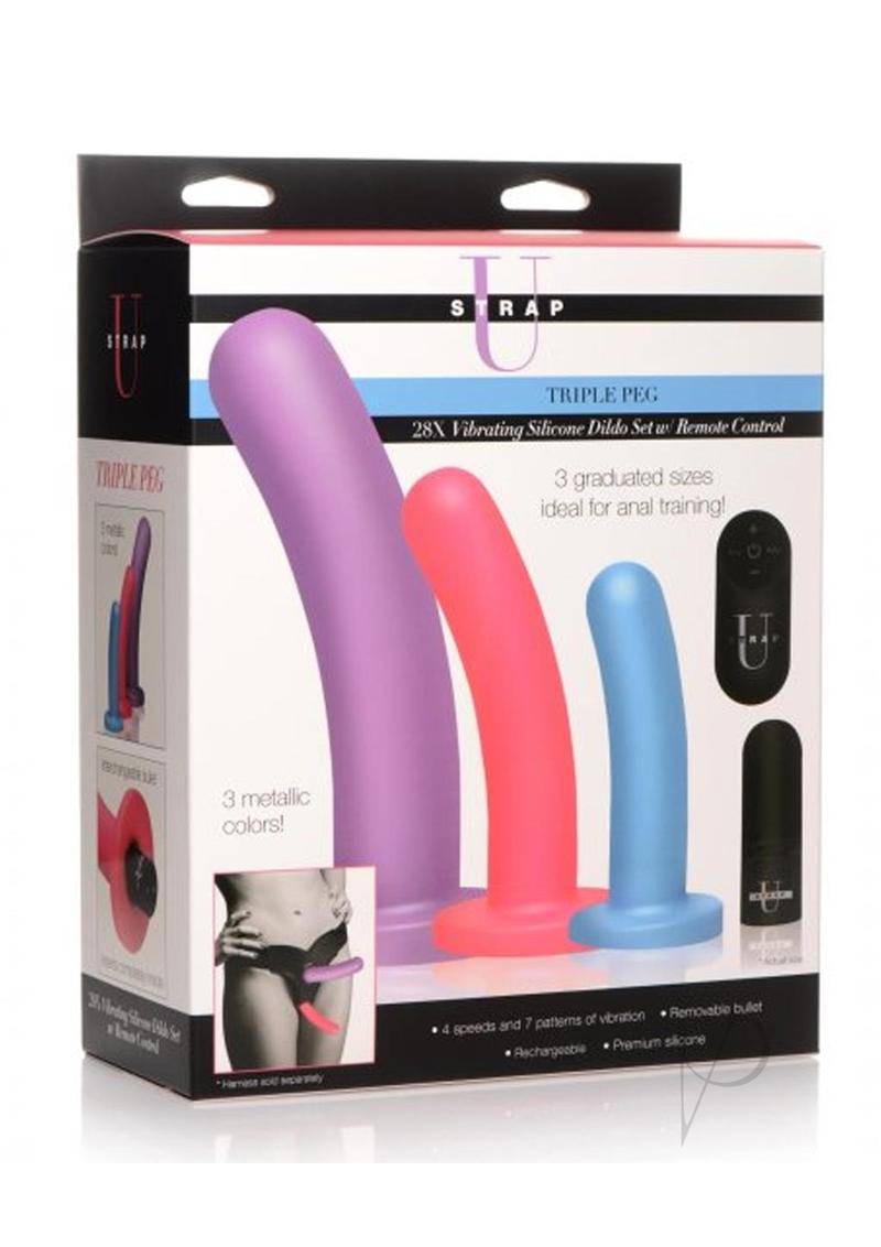 Strap U Triple Peg 28X Vibrating Rechargeable Silicone Dildo Set with Remote Control (5 piece) - Assorted Colors