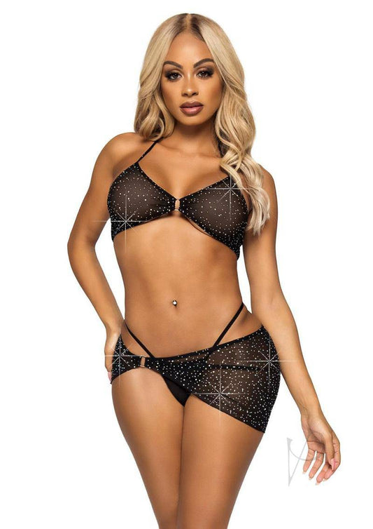 Leg Avenue Rhinestone Mesh Bra Top with Ring Accent, G-String Panty and Matching Sarong (3 pieces) - Small - Black