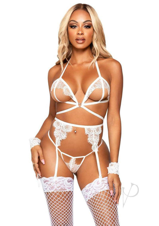 Leg Avenue Eyelash Lace Cage Strap Open Cup Bra with Heart Ring Accent, Garter Belt, G-String Panty and Wrist Cuffs (4 pieces) - O/S - White