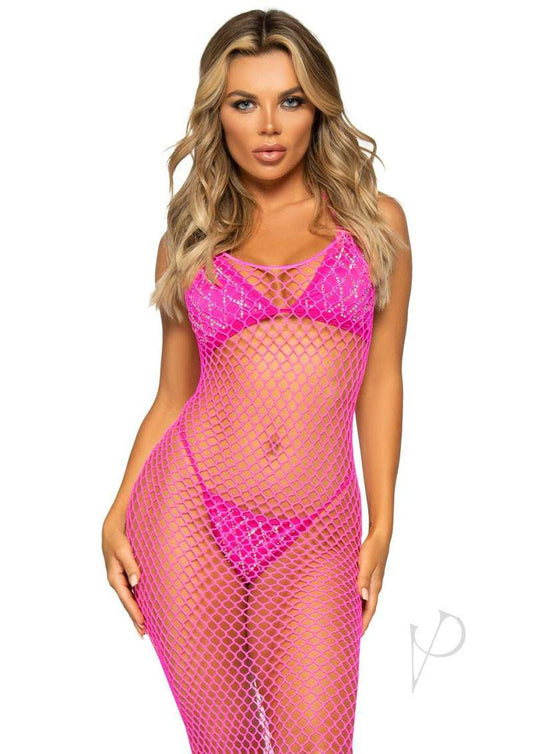 Leg Avenue Woven Twist Net Backless Maxi Dress - O/S - Neon Pink