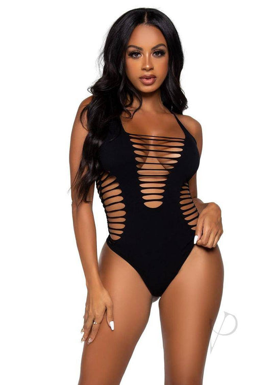 Leg Avenue Seamless Shredded Racer Back Thong Bodysuit - O/S - Black