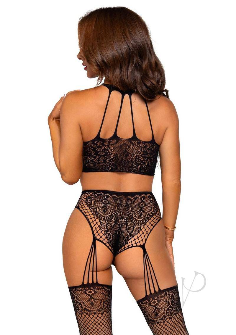 Lace Crop Top Panty Stocking 2pc Os Blk - Chambre Rouge