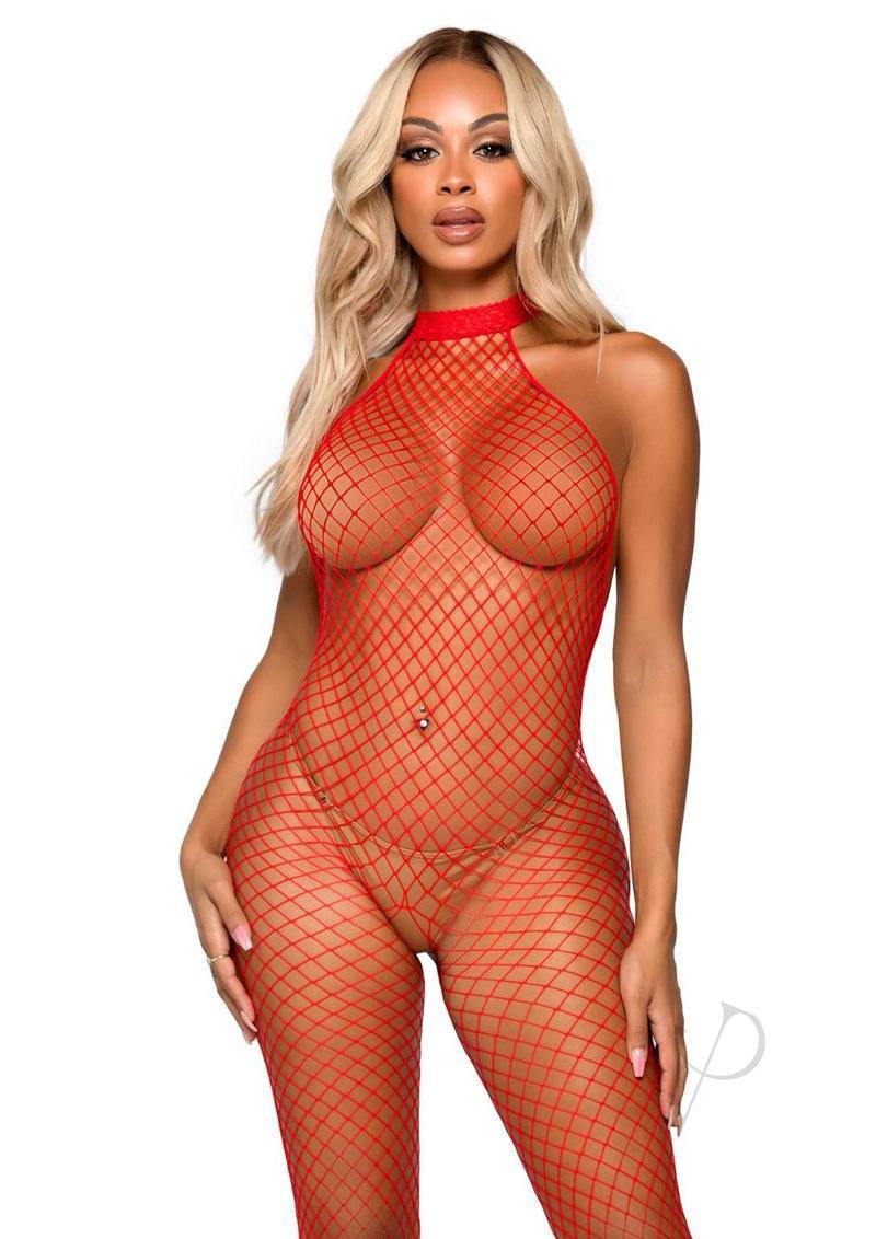 Leg Avenue Industrial Net Racer Neck Backless Bodystocking - O/S - Red