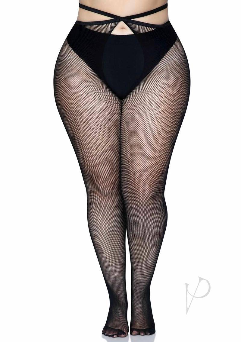 Leg Avenue Micro Net Strappy Waist Crotchless Tights - 1X/2X - Black