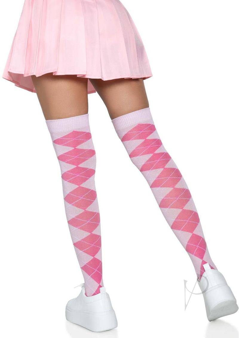 Argyle Knit Over The Knee Socks Os Pink - Chambre Rouge