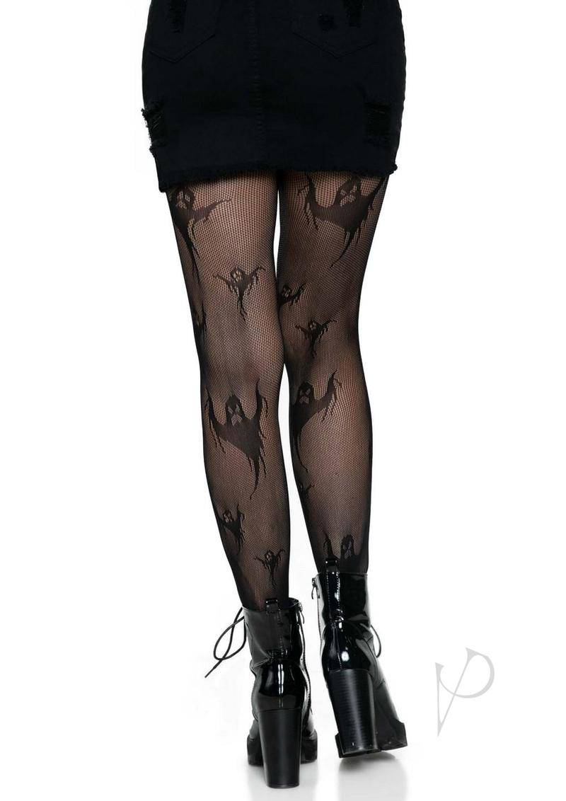 Spooky Ghost Fishnet Tights Os Black - Chambre Rouge