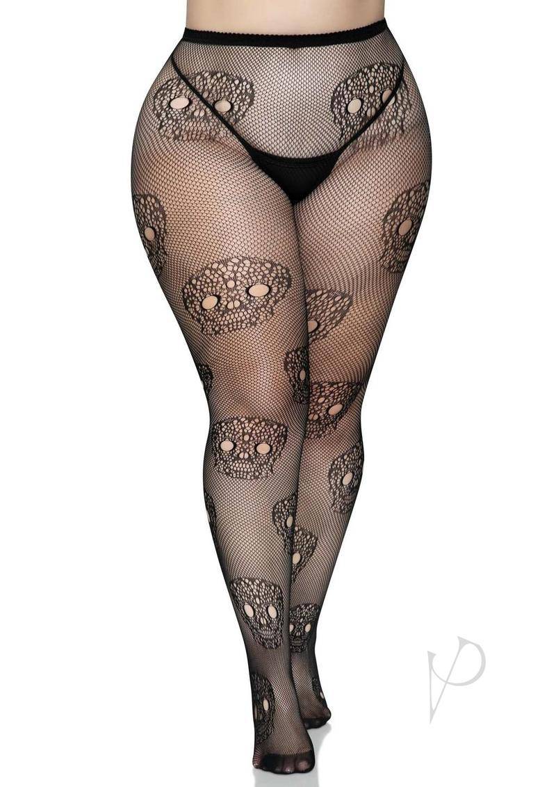 Leg Avenue Lace Skull Fishnet Tights - 1X/2X - Black