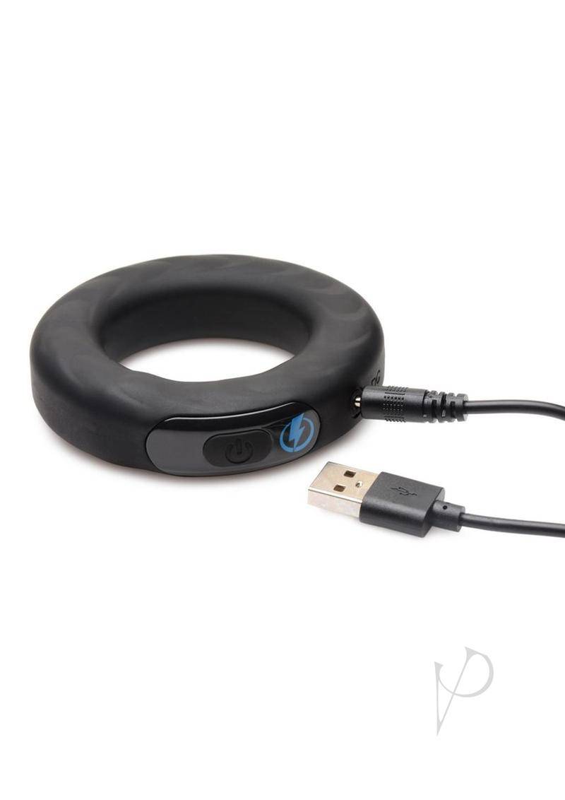 Zeus Vibrating & E-Stim Rechargeable Silicone Cock Ring with Remote Control 45mm - Black - Chambre Rouge