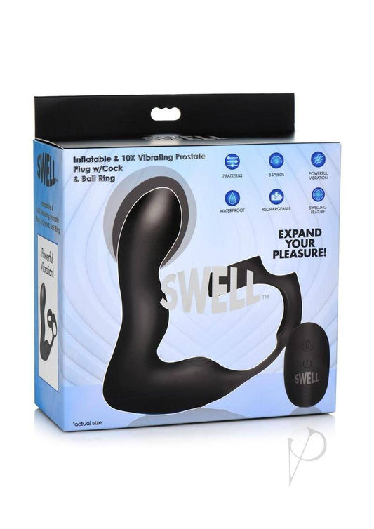 Swell Rechargeable Silicone Inflatable 10X Vibrating Prostate Plug with Cock & Ball Ring and Remote Control - Black - Chambre Rouge