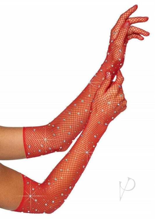 Leg Avenue Rhinestone Fishnet Opera Length Gloves - O/S - Red - Chambre Rouge