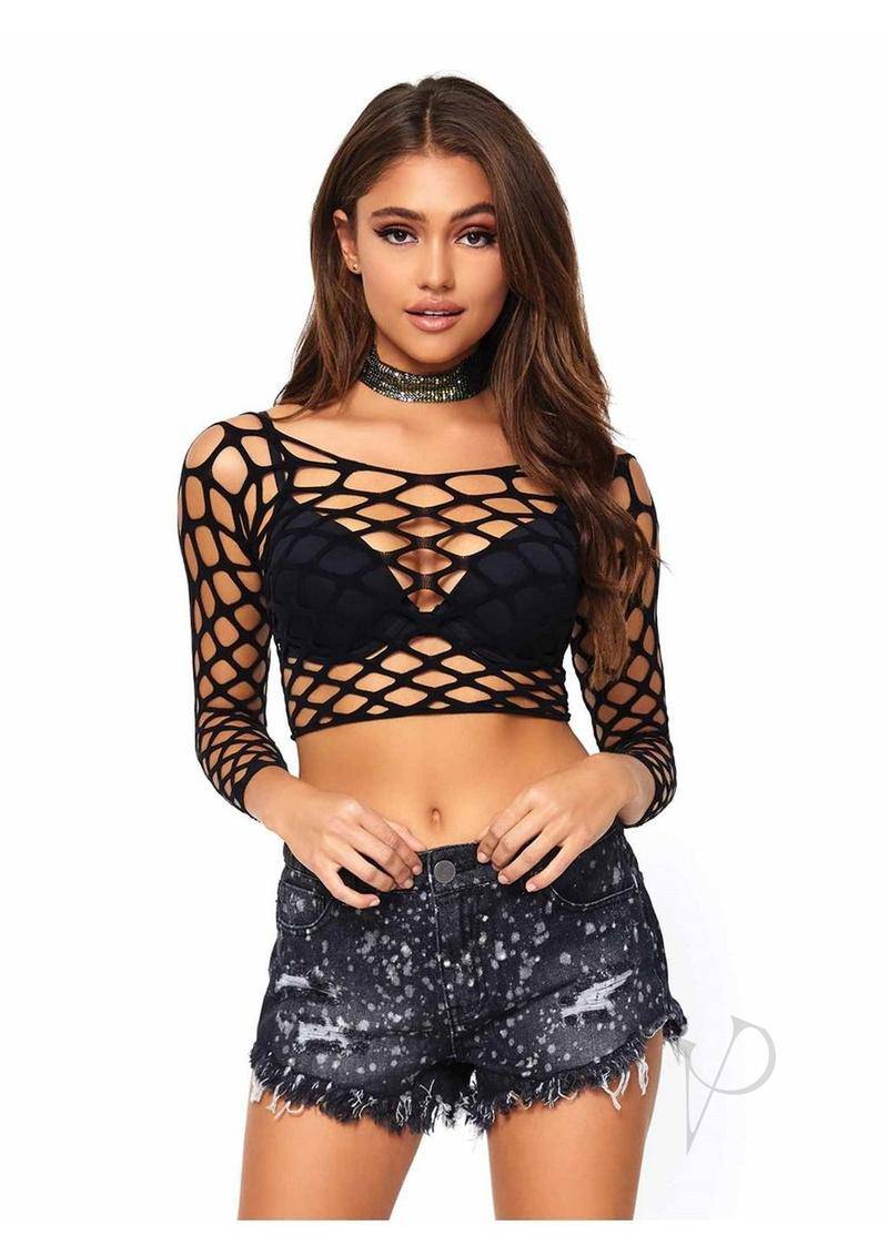 Leg Avenue Pothole Net Long Sleeved Crop Top - O/S - Black - Chambre Rouge