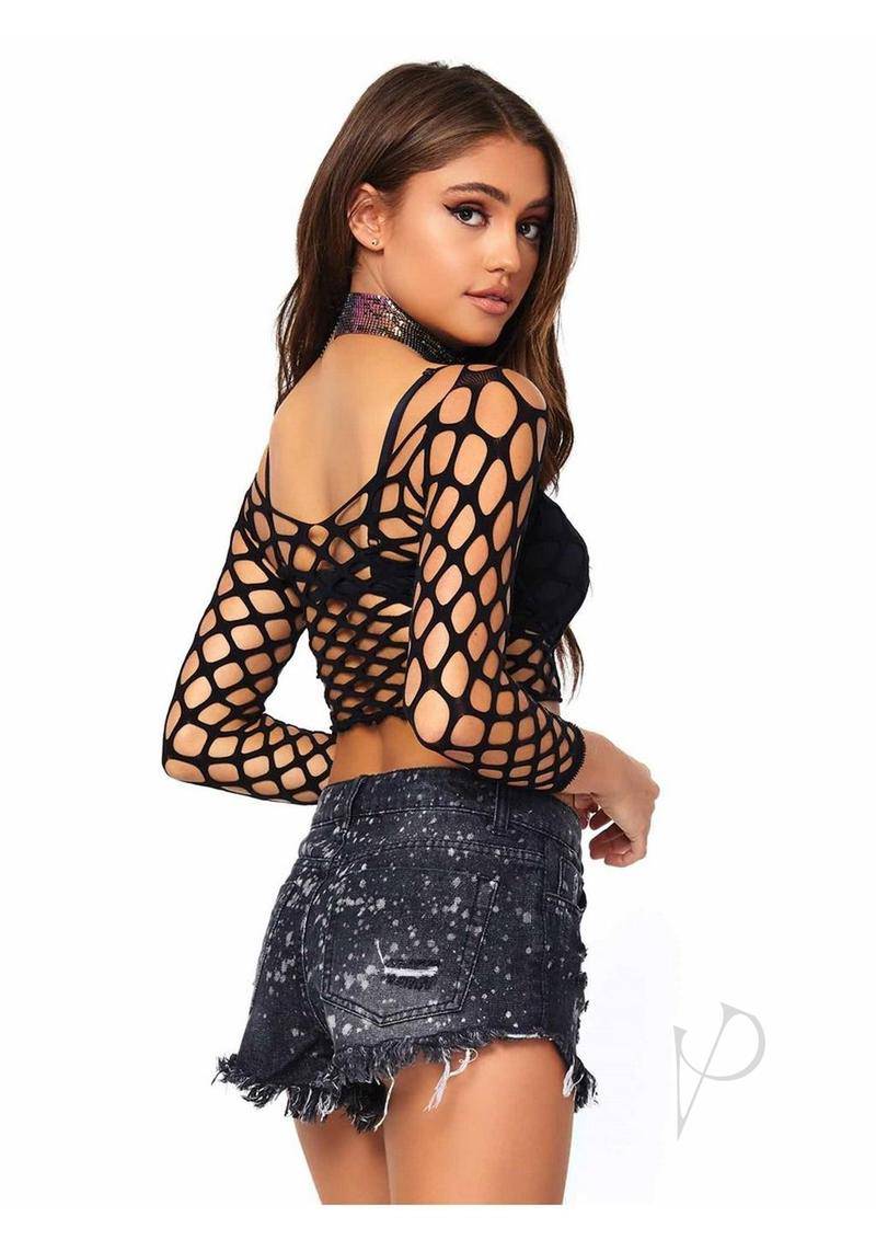 Leg Avenue Pothole Net Long Sleeved Crop Top - O/S - Black - Chambre Rouge