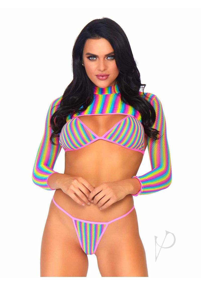 Leg Avenue Rainbow Fishnet Bikini Top, G-String, and Long Sleeved Crop Top (3 Piece) - O/S - Multicolor - Chambre Rouge